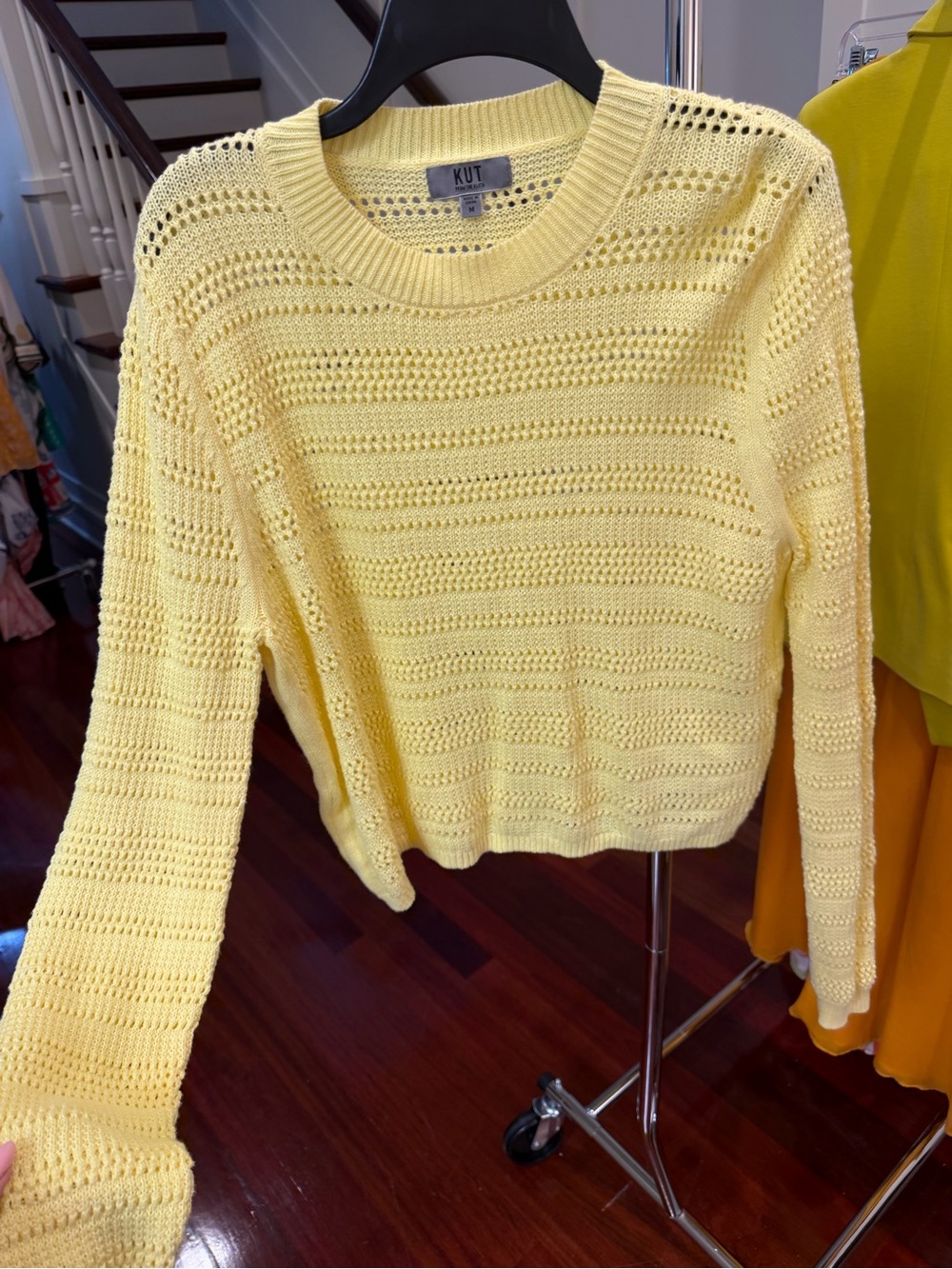 Kut from the Kloth Pale Yellow Lace-Knit Crewneck Sweater